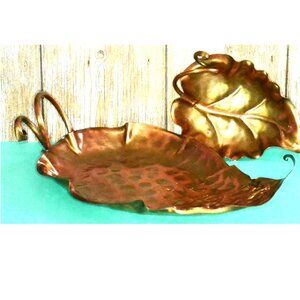 Pair Of Leaf Designed Copper Trays With Curly Q Ends Serving And Home Decor